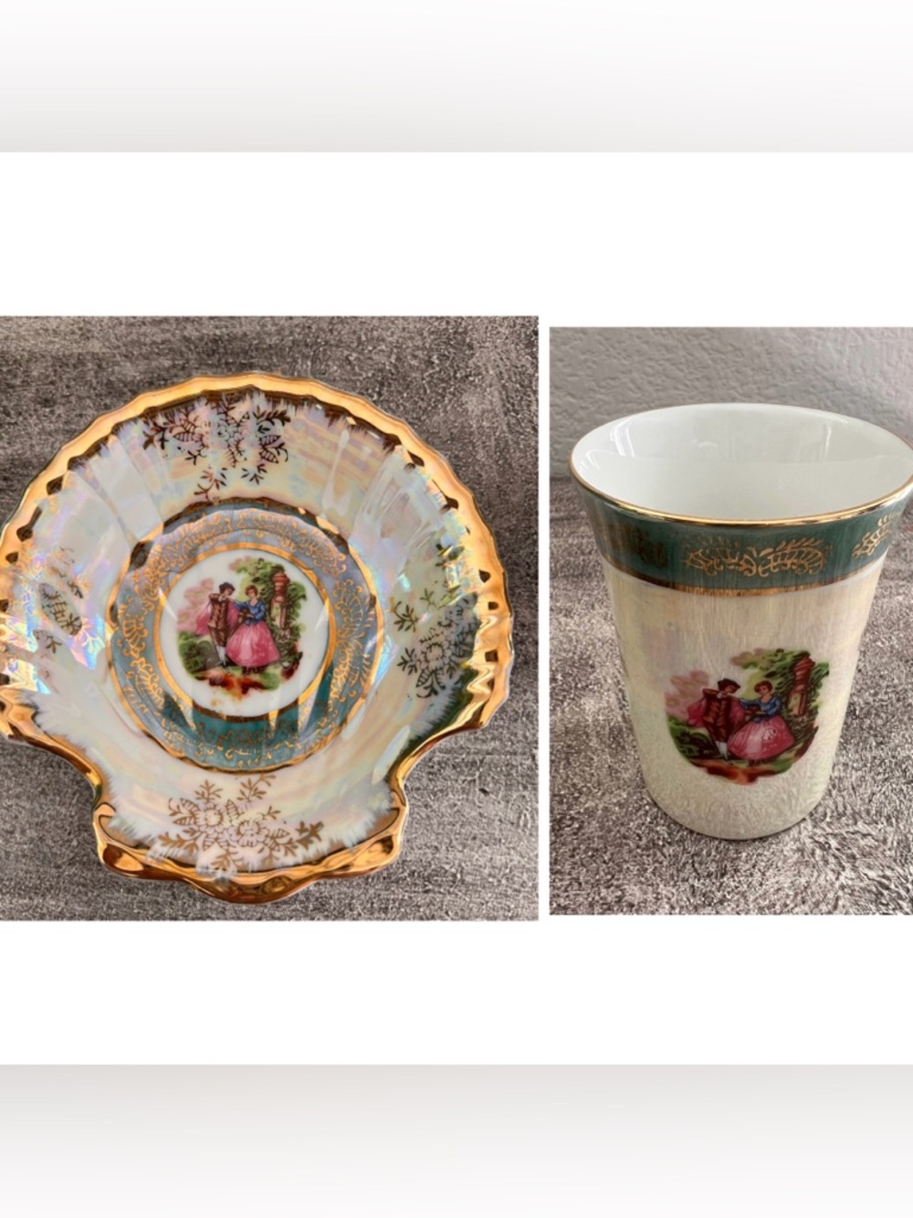 Vintage 2-piece ROYAL Japan Courting Couple Clam Shell Shaped Dish With Cup Gold